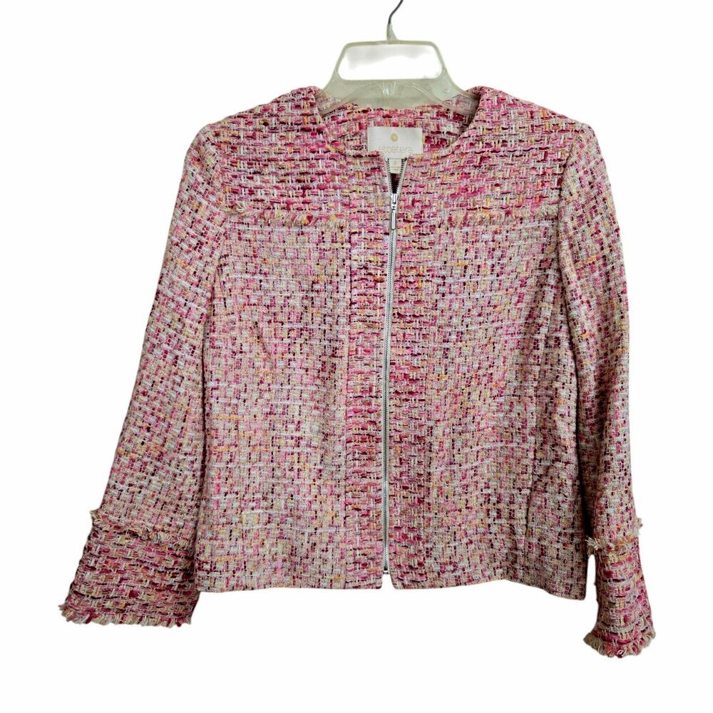 Etcetera Fringe Tweed Jacket Size 2 Zip Front Barbie Pink Tones Office old money - Picture 2 of 12